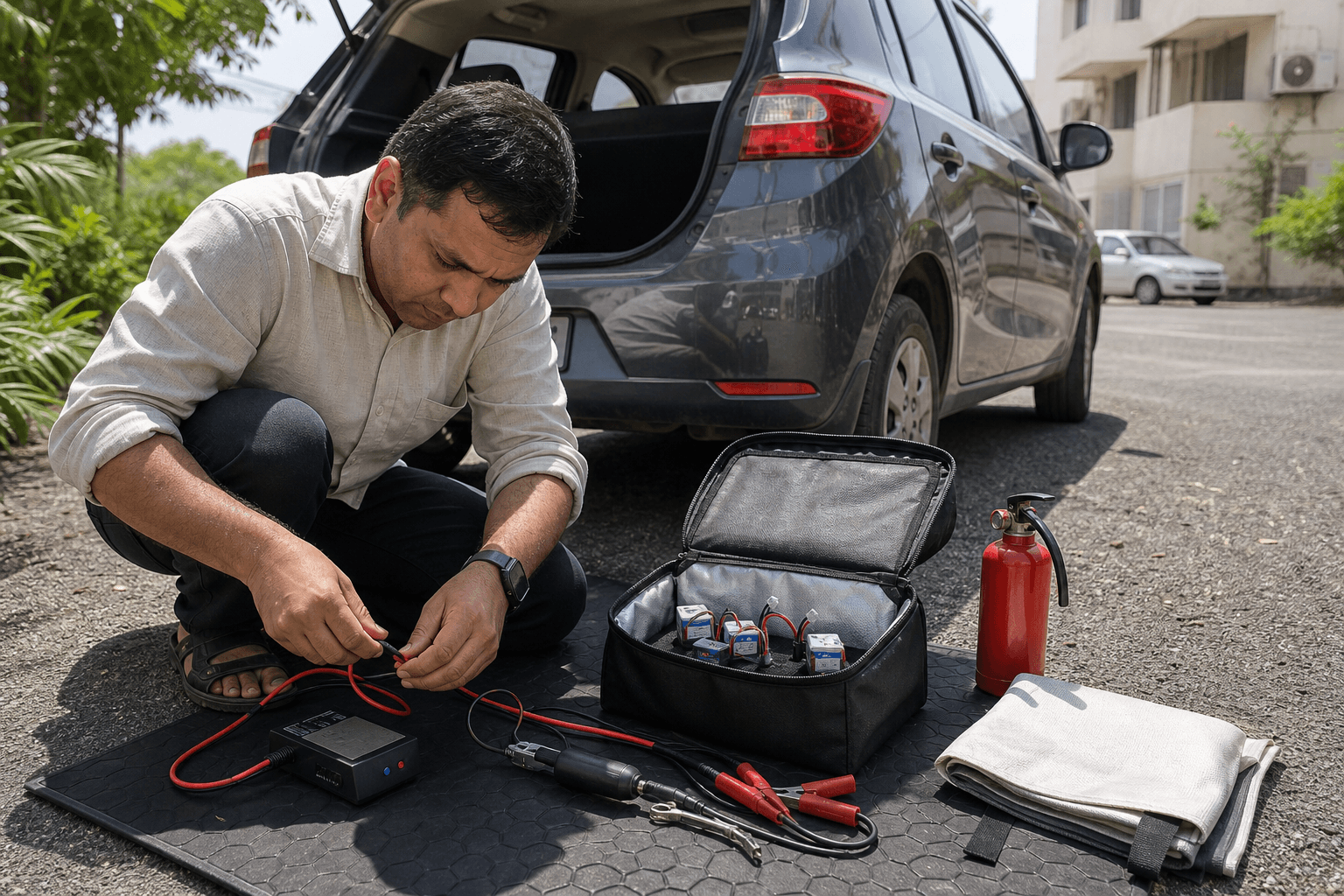 Field charging from car power: Safety checklist (every session)